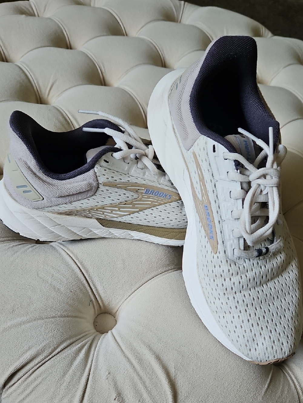 Brooks Women's Running Shoes in Cream and Taupe with Dark Gray Lining